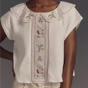 Anthropologie Cream Blouse with Floral Embroidery